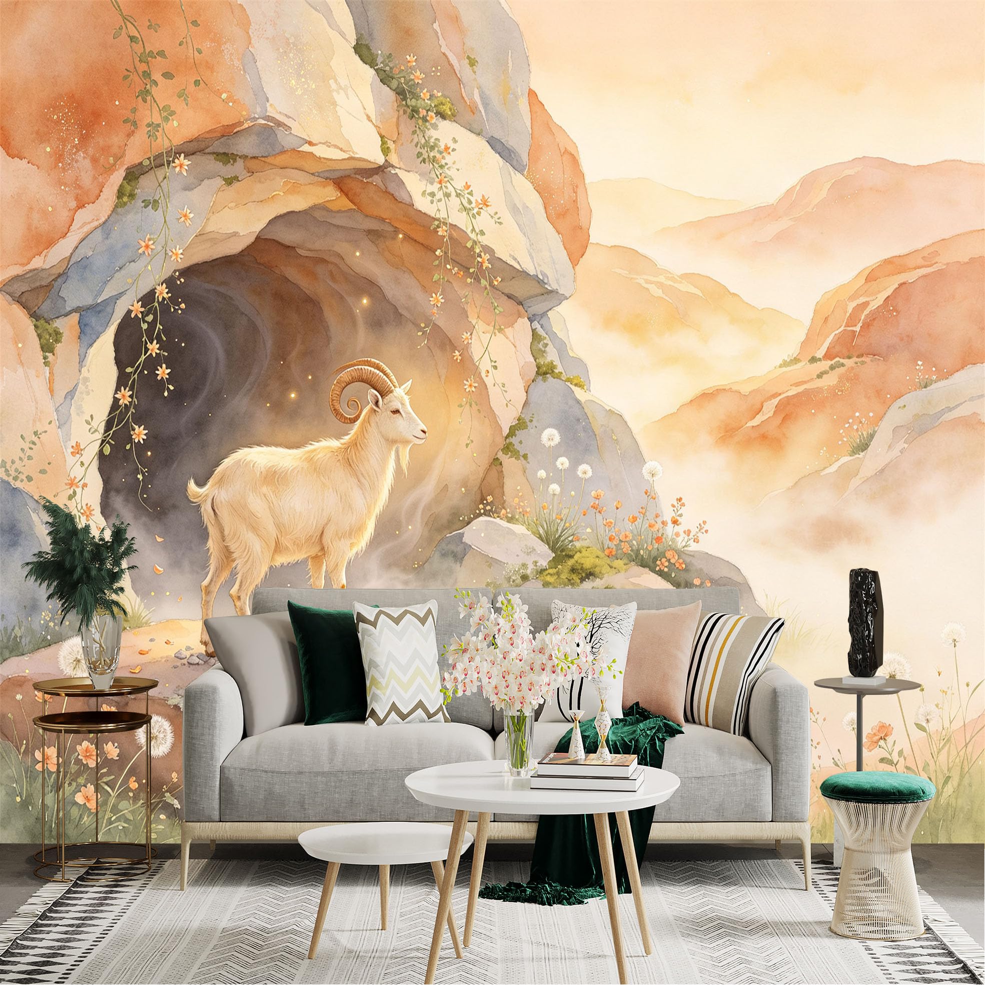 Lnzczhyre Bh260719110 Custom Size Wall Sticker Mural， Watercolor Mountain Goat， Rocky Cave Entrance， Wildflower Meadow， Sunny Misty Landscape， For Wall Decoration， Peelandstick Wall Decals.