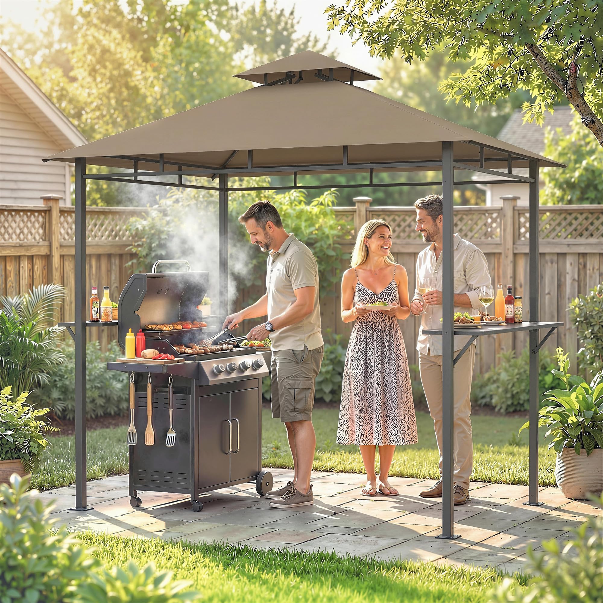 Outsunny Rifugio per barbecue all'aperto, gazebo da giardino, 245 x 146 x 255 cm, doppio tetto, 2 ripiani laterali, telaio in metallo, gazebo per barbecue, esterno per feste, picnic, terrazza, marrone