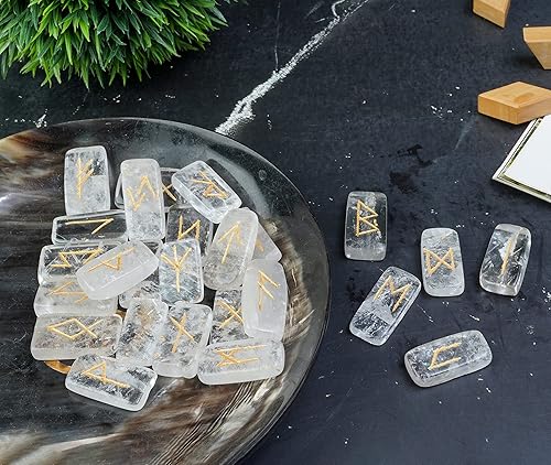 Miniatura 4 de Crocon Runas de cuarzo transparente con forma de rectángulo con alfabeto Futhark de saúco grabado, 25 piezas, juego de runas de cristal de