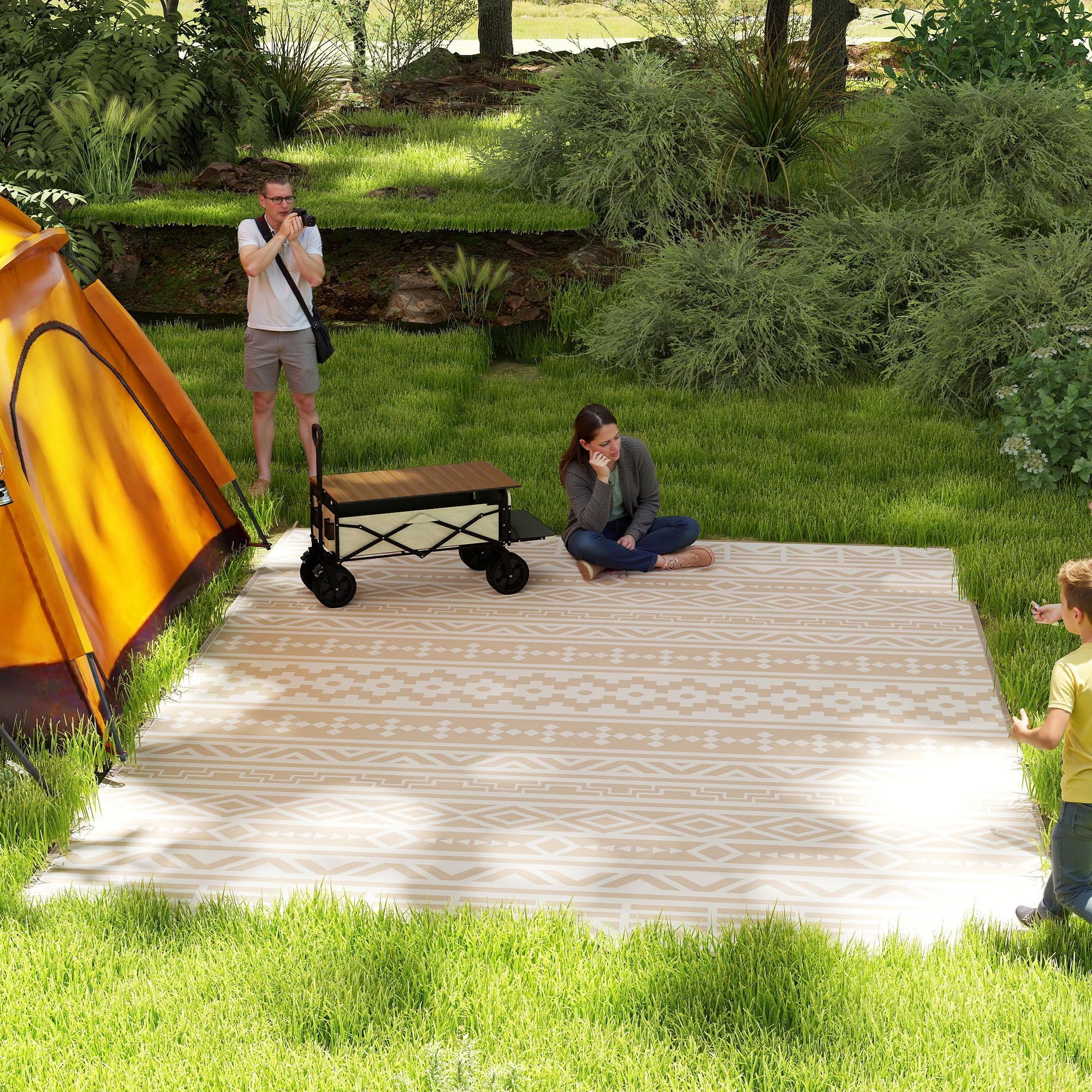 Outsunny Tapis d'extérieur réversible 3,7 x 2,7 m, Tapis de Sol au Motif Mur géométrique en PP résistant aux intempéries, Sac de Transport Inclus, Tapis extérieur terrasse, Kaki et Beige Clair