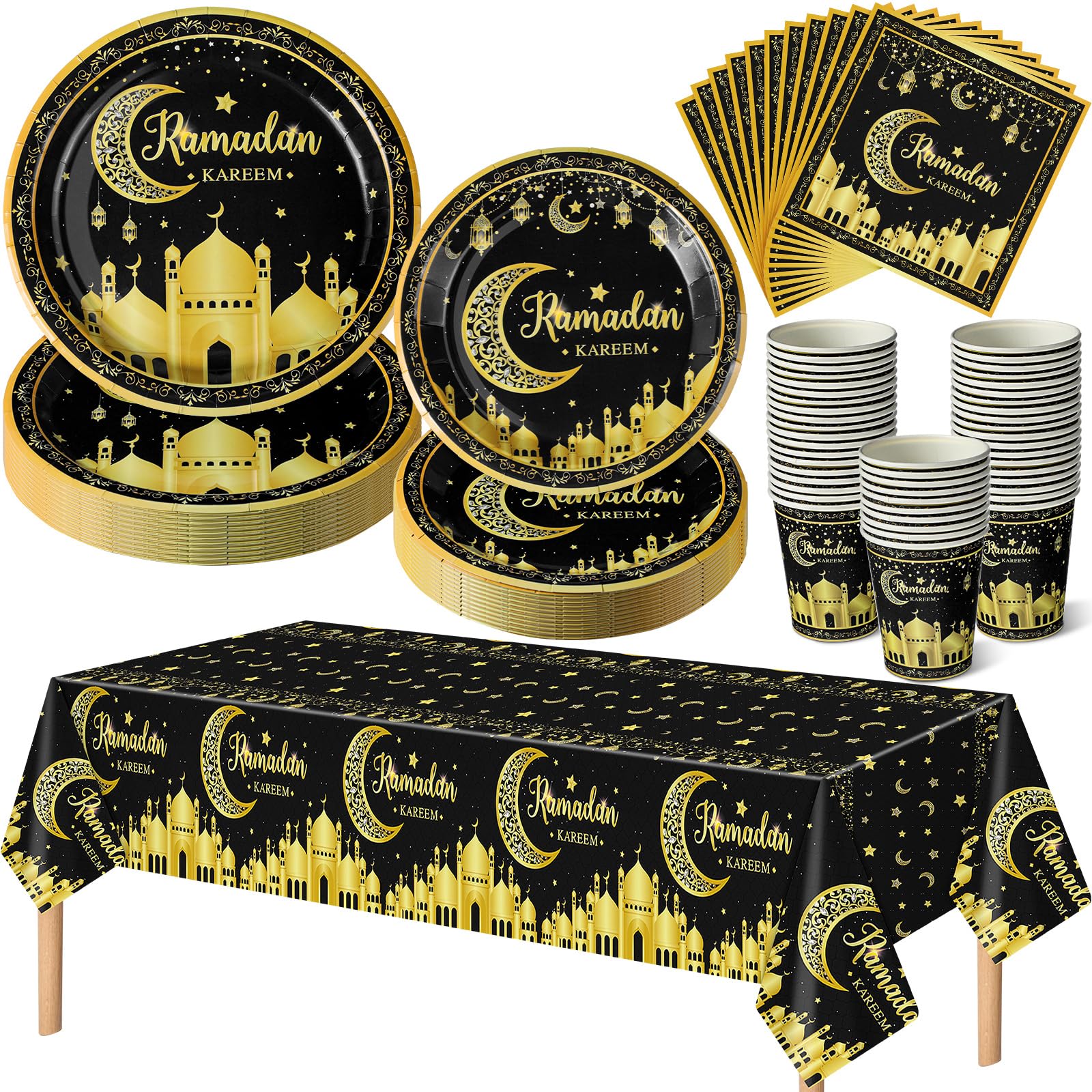 97 Pcs Ramadan Eid Mubarak Party Tableware Set for 24 Guests Include 9" Dinner Plates, 7" Dessert Plates, 9 oz Cups, Eid Mubarak Napkins, Tablecloth for Ramadan Decorations (Black and Gold)