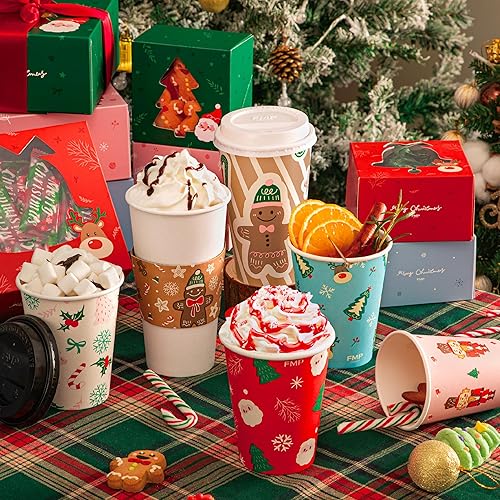 Miniatura 7 de Paquete de 50 tazas de café desechables de Navidad de 24 onzas con tapas y fundas de Navidad, vasos de papel de Navidad gruesos duraderos para