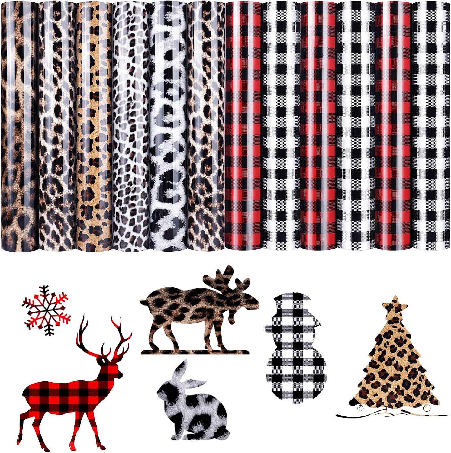 12 Sheets Heat Transfer Vinyl Iron on Vinyl Plaid HTV Vinyl Leopard Heat Transfer Vinyl 12 x10 Inch Print Buffalo Plaid Vinyl for T-Shirt DIY Fabric Craft (Leopard, Red-Black, White-Black)