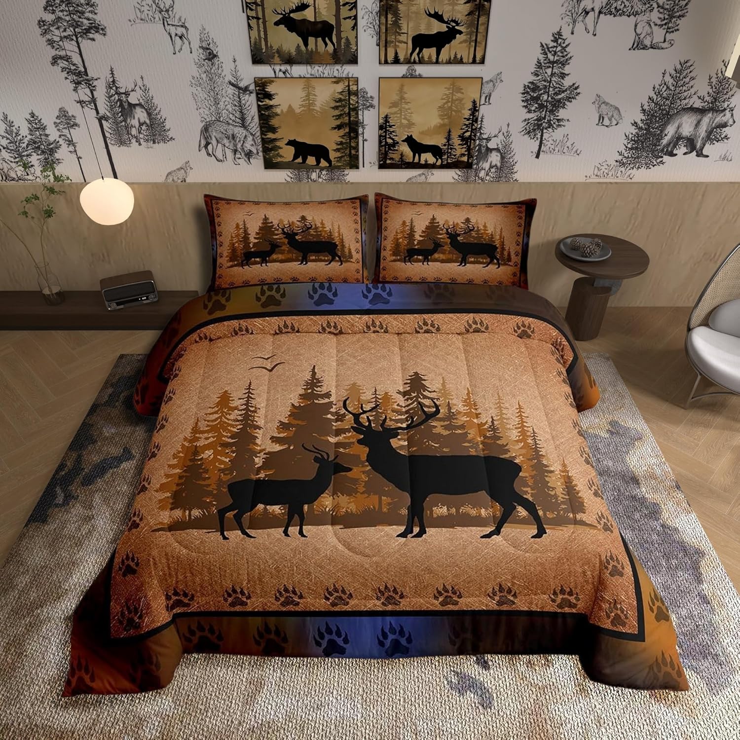 Castle Fairy Elk Deer Bed Comforter Set Queen Size,Jungle Leaves Plants Super Soft Microfiber Bedding Set for Adults Men,Wildlife Animals Hunting Decorative Comforter Set,3 Pcs