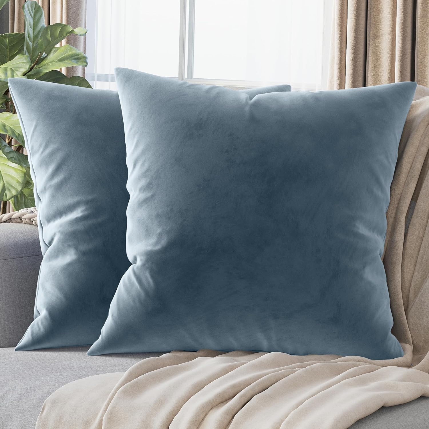 NEATERIZE Premium Velvet Pillow Covers 22x22 Dusty Blue