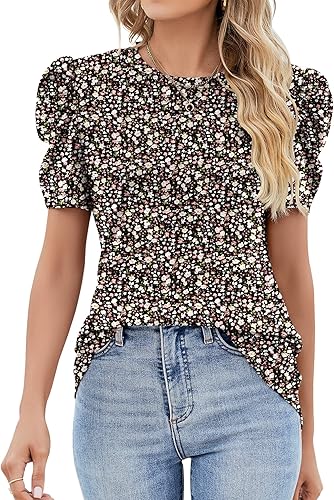 Ivicoer - Camisa de manga corta abullonada para mujer, con ojales, cuello redondo, ajuste holgado, talla S-XXL