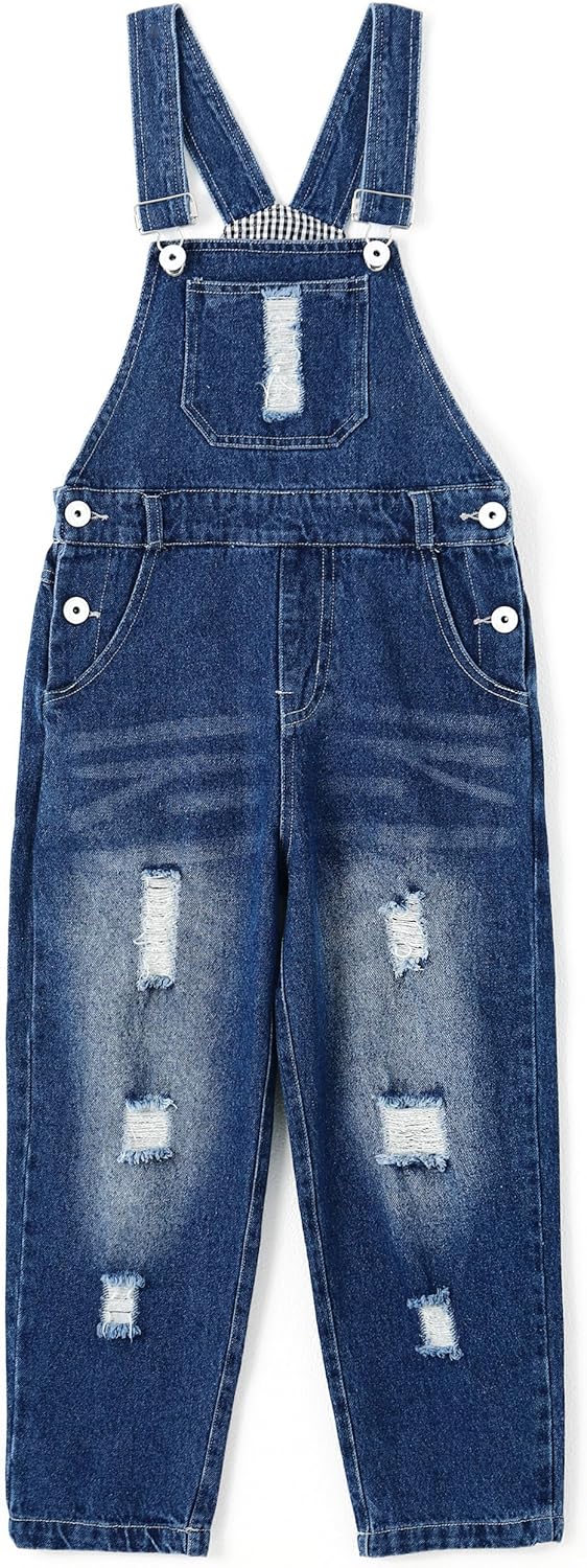 KIDSCOOL SPACE Boys Denim Overalls,Ripped Holes Elastic Waistband Inside Jeans Workwear Pants