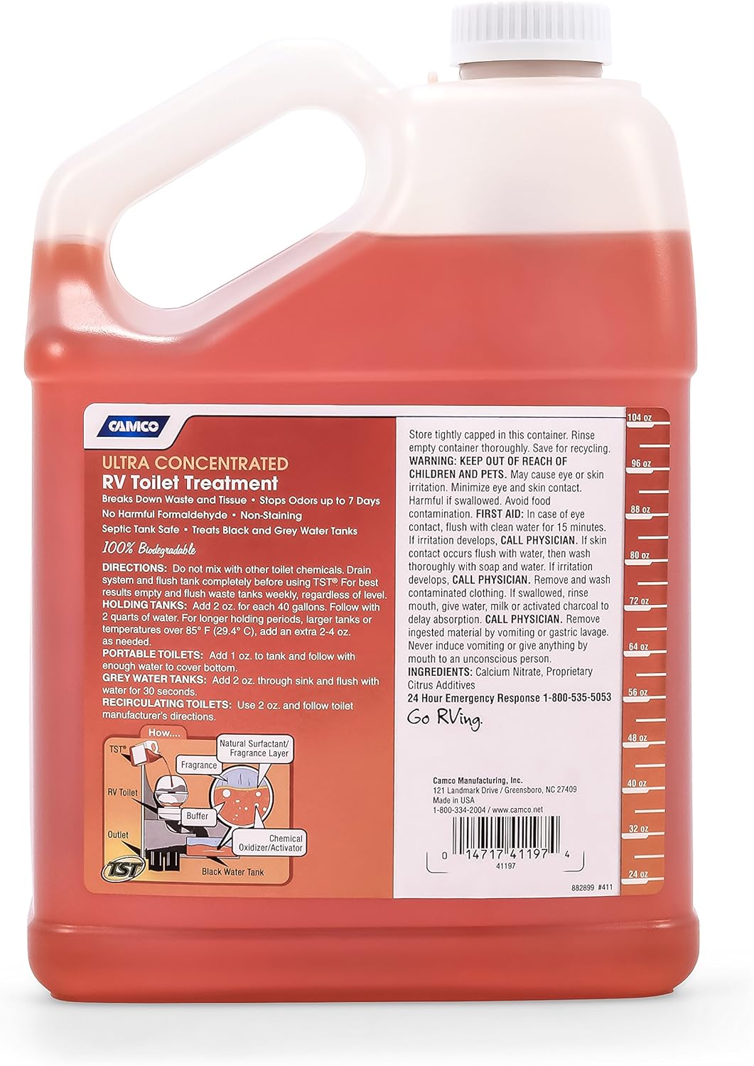 Camco 41197 TST Ultra-Concentrate Orange Scent RV Toilet Treatment, Formaldehyde Free, Breaks Down Waste And Tissue, Septic Tank Safe, Treats up to 16-40 Gallon Holding Tanks (1 Gal) : Automotive