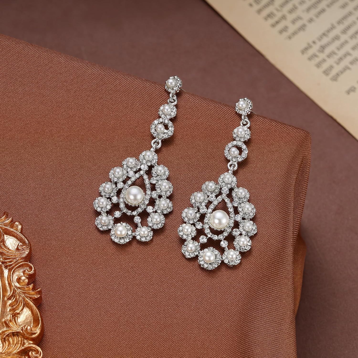 EVER FAITH Austrian Crystal White Simulated Pearl Vintage Inspired Flower Earrings Clear Silver-Tone - Image 4