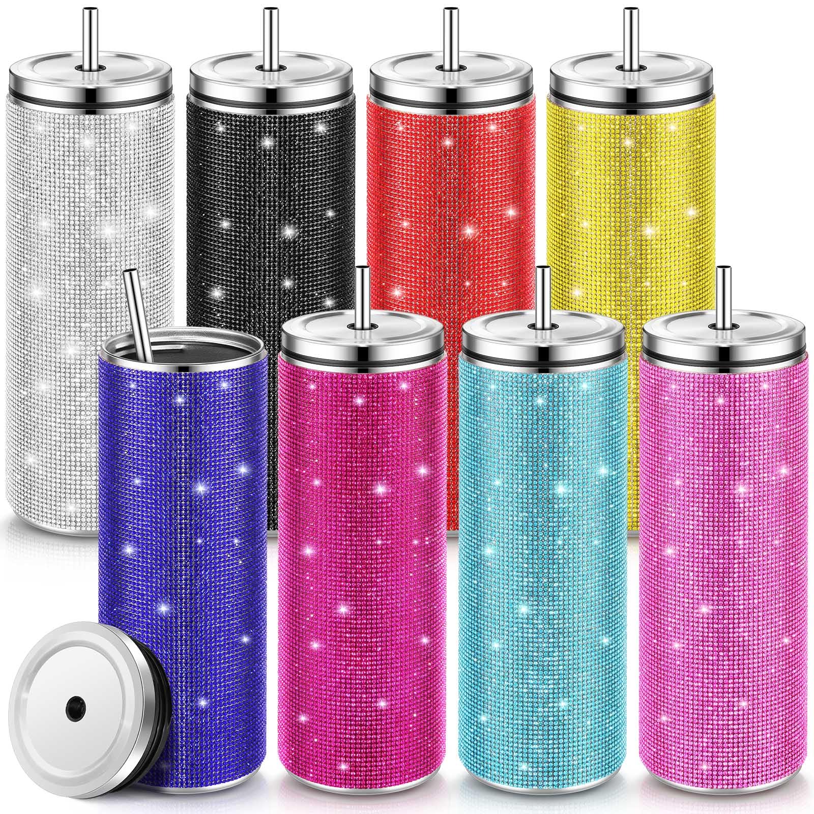 Yinder 8 Sets Diamond Glitter Skinny Tumbler 20 oz Stainless Steel Rhinestone Bling Tumbler Bling Insulated Tumblers with Lid and Straw Glitter Skinny Water Bottles for Travel Home Office Woman Gift