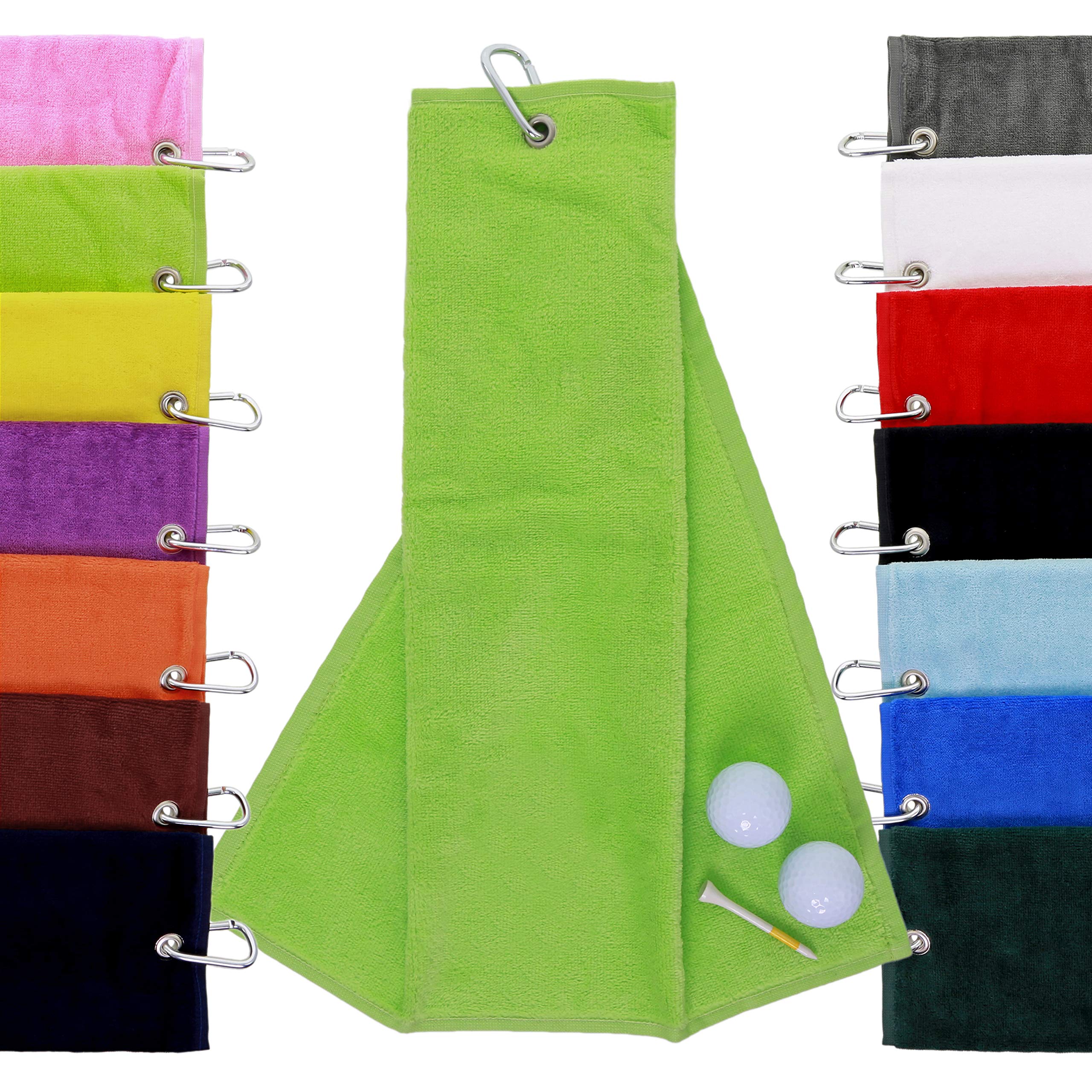 aztex Tri-Fold Golf Towel with Carabiner Clip, Cotton Velour, 590gsm, Lime Green