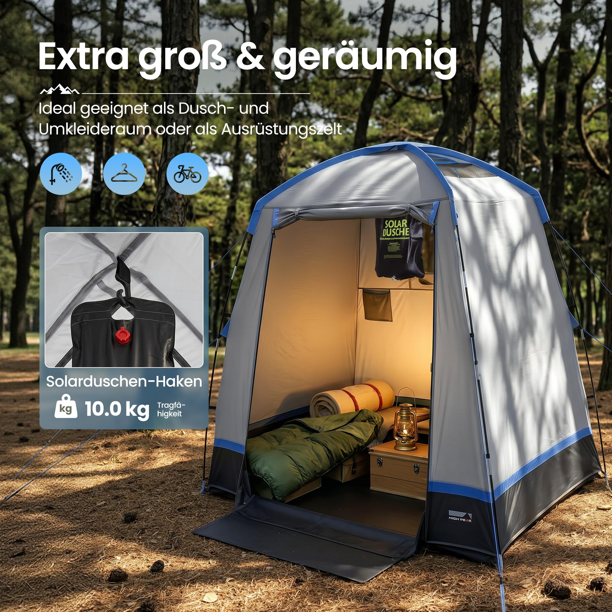 High Peak Duschzelt für Camping und Garten, freistehendes Toiletten- und Umkleidezelt mit Stehhöhe, Top-Belüftung, Dachfenster, Schmutzfänger, inklusive Tragetasche, Platz für Fahrrad und Ausrüstung