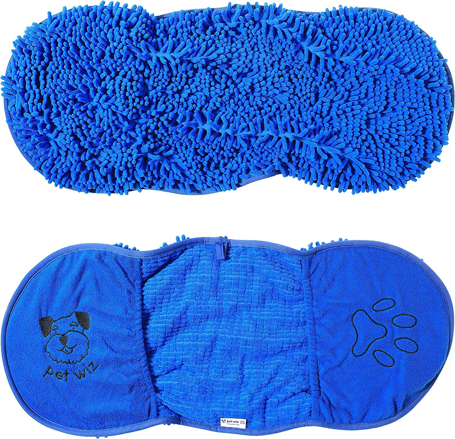 Pet Wiz Royal Blue Towel - 82Cm X 32Cm Microfibre Noodle/Chenille Towel, Super Absorbent, Quick Drying, Lightweight, With Handy Glove Compartments, 82Cm X 32Cm (Royal Blue)