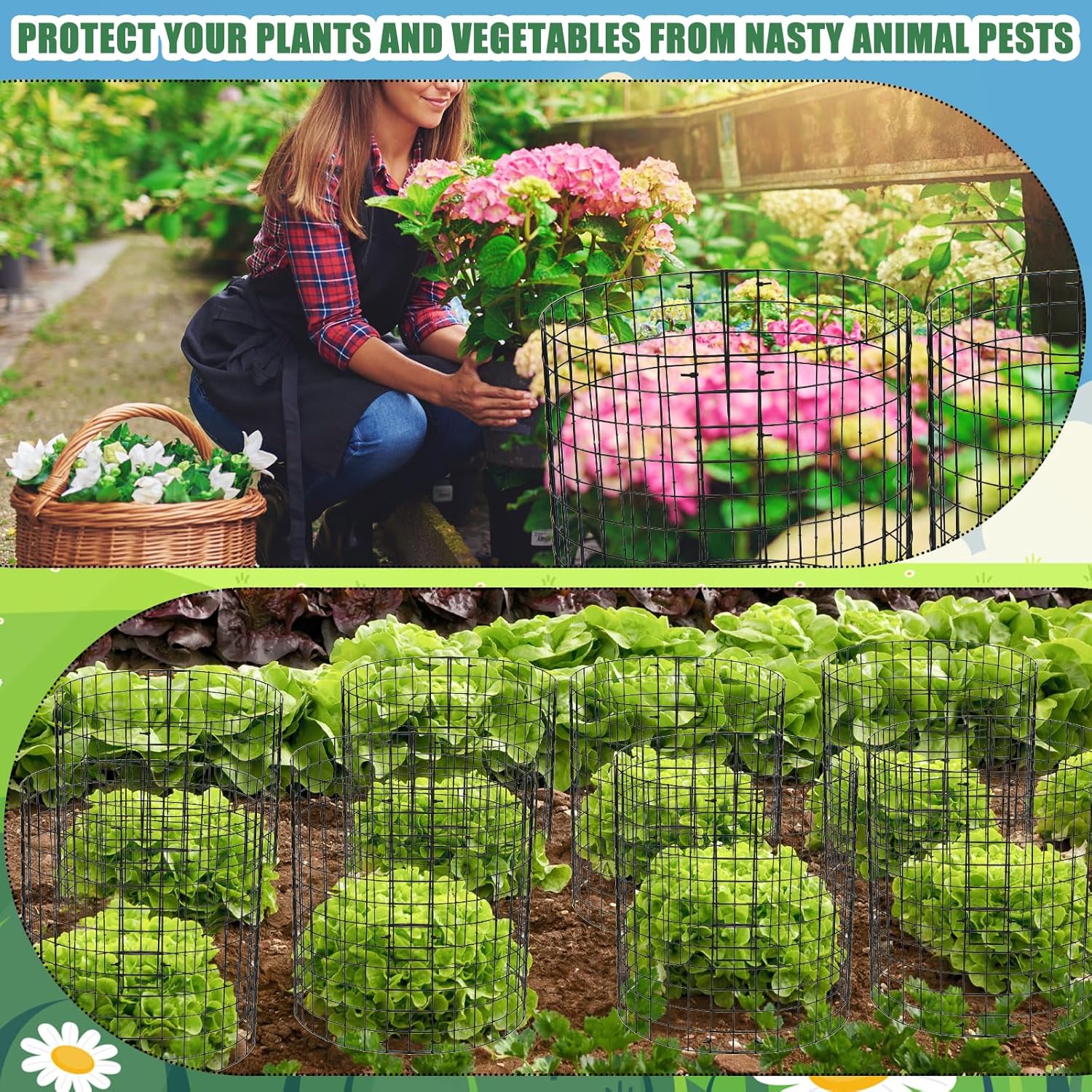 Therwen 48 Pieces Wire Plant Protectors from Animals, 14'' Dia x 14'' H Metal Wire Plant Cages with 50 Stakes and 200 Zip Ties, Protect Vegetables Flower from Rabbits Chickens Ducks