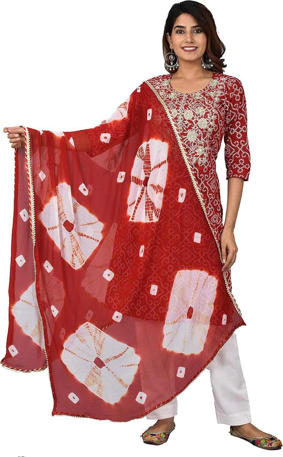 Vrnda Women's Cotton Indian Bandhej Print Straight Kurta Set Yoke Embroidery Kurti With Pant and Dupatta Set Dress