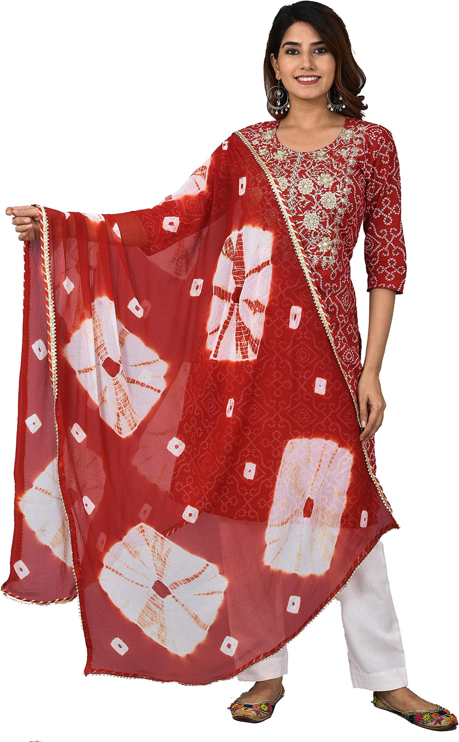 Women's Cotton Indian Bandhej Print Straight Kurta Set Yoke Embroidery Kurti With Pant and Dupatta 3-Piece Suit Set