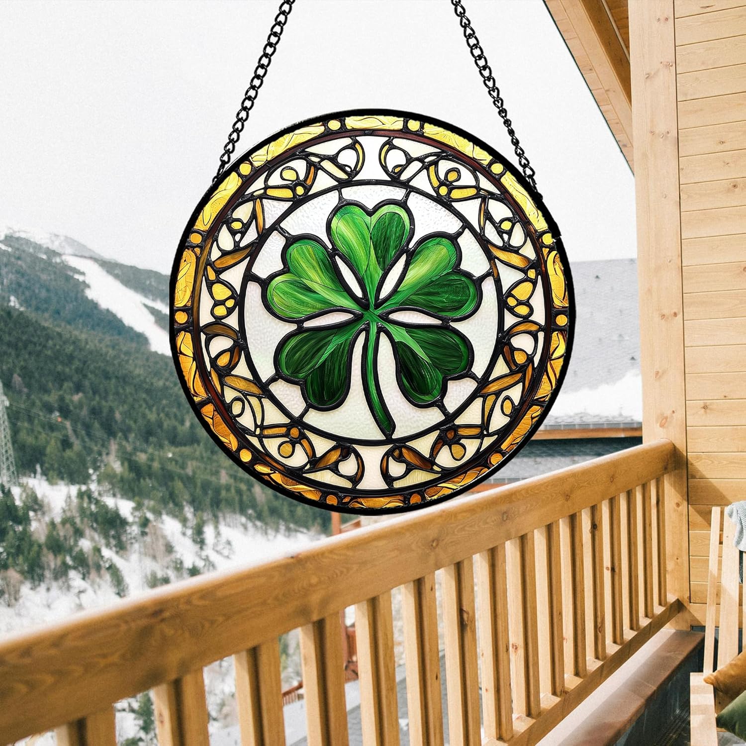 Stained Glass Window Hanging - Green Clover Suncatcher for Door Terrace Garden Home Decor Gold Gradient Boho Style Sun Catcher Birthday Gifts for Lovers Women Men Dad Mom Nana 11.8 in
