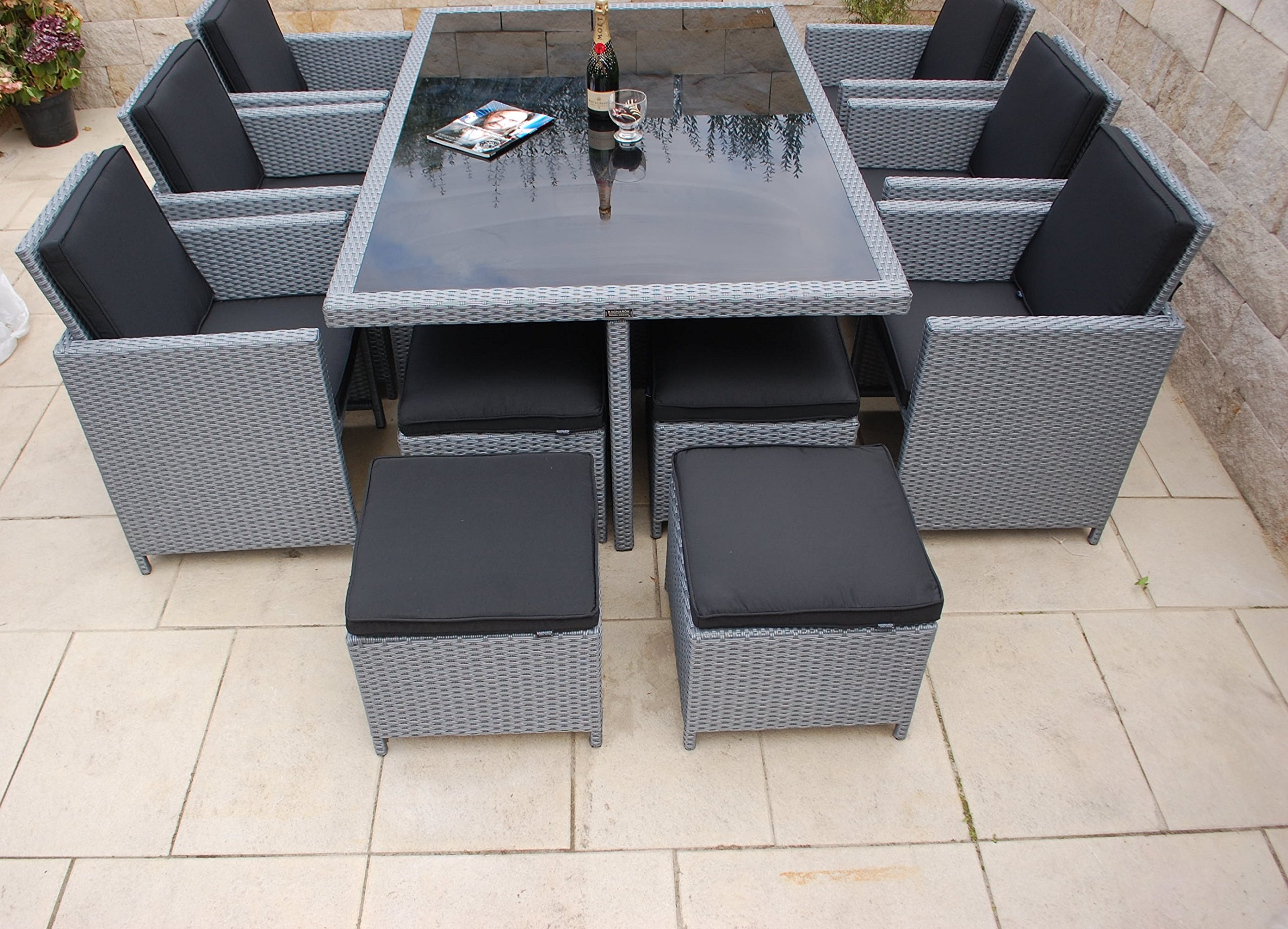 Ragnarök-Möbeldesign Heimdall Premium PolyRattan - Deutscher Hersteller - 8 Jahre GARANTIE - Aluminium Gartenmöbel Essgruppe Tisch Stuhl Hocker Platinum Grau Rostfrei Sitzgruppe