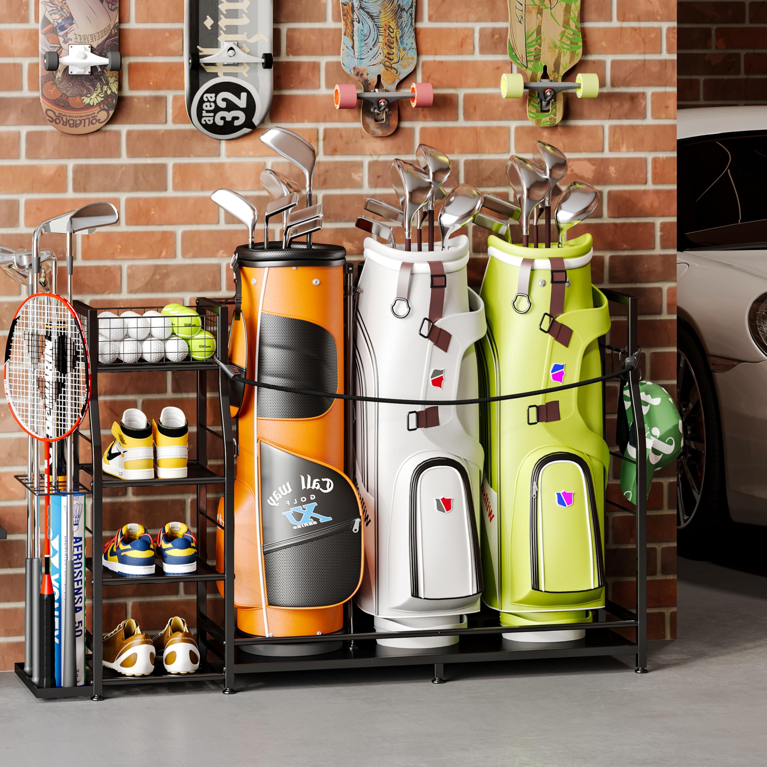 Golftaschenständer für Golftaschen-Zubehör, Golftaschen-Aufbewahrungs-Organizer passend für 3 Taschen für Garagenorganisation, Golf-Organizer mit zusätzlichem Aufbewahrungsregal für Golfschläger und