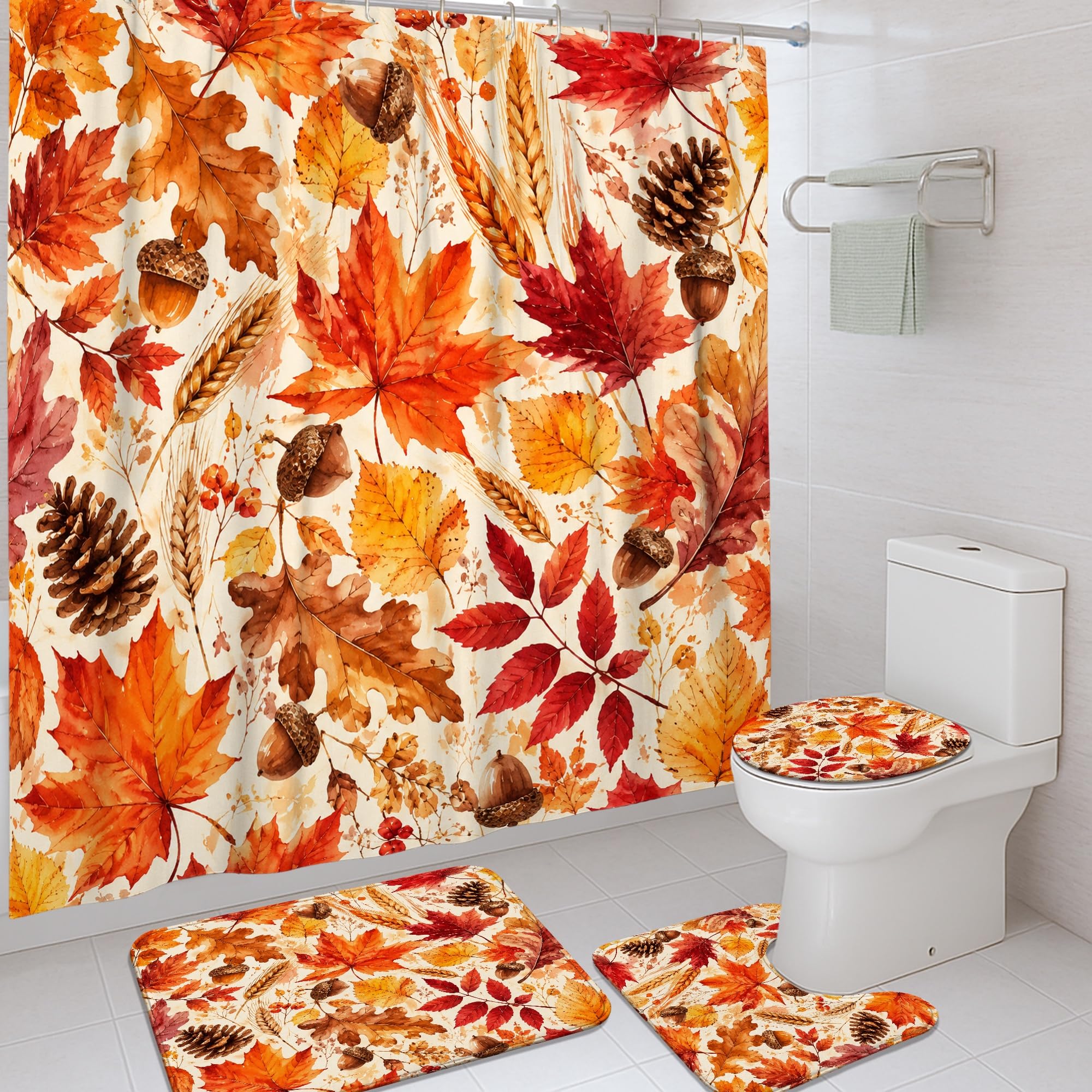 Ensemble rideau de douche et tapis de bain d'automne feuilles d'érable pommes de pin rustique