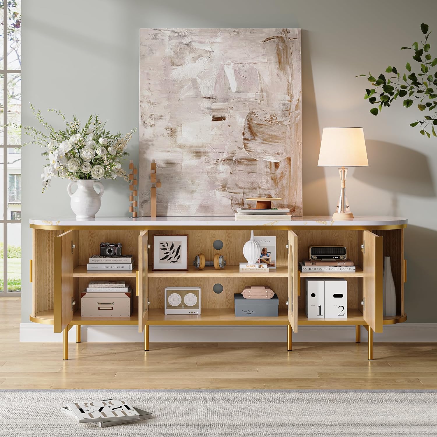 70" Fluted TV Stand, Modern Entertainment Center with Reeded Glass Door, Ajustable Shelves & Sliding Doors, TV Console with Large Storage Space, Media Console for Living Room, Oak