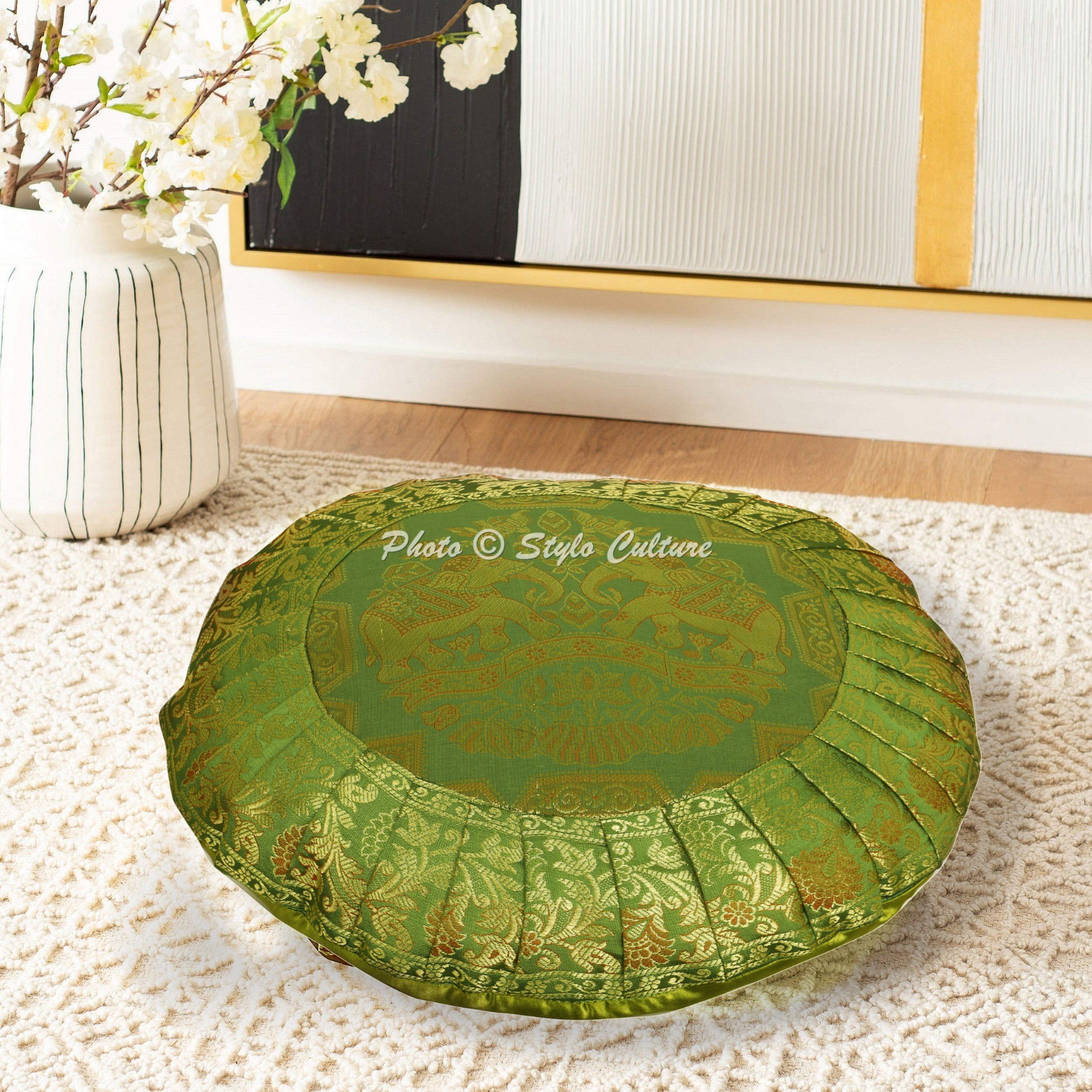 Etnico 2 Federe Per Cuscini Decorative 43x43 Cm – Tessuto Jacquard Con Elefante E Bordo Plissettato, Verde Oliva, Stile Tradizionale, Cerniera Inclusa