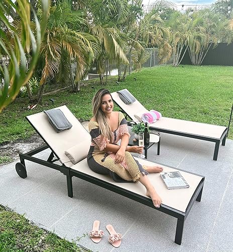 Miniatura 2 de PURPLE LEAF Juego de sillas reclinables ajustables de aluminio para exteriores con agujero boca abajo para exteriores con ruedas almohadas y mesa