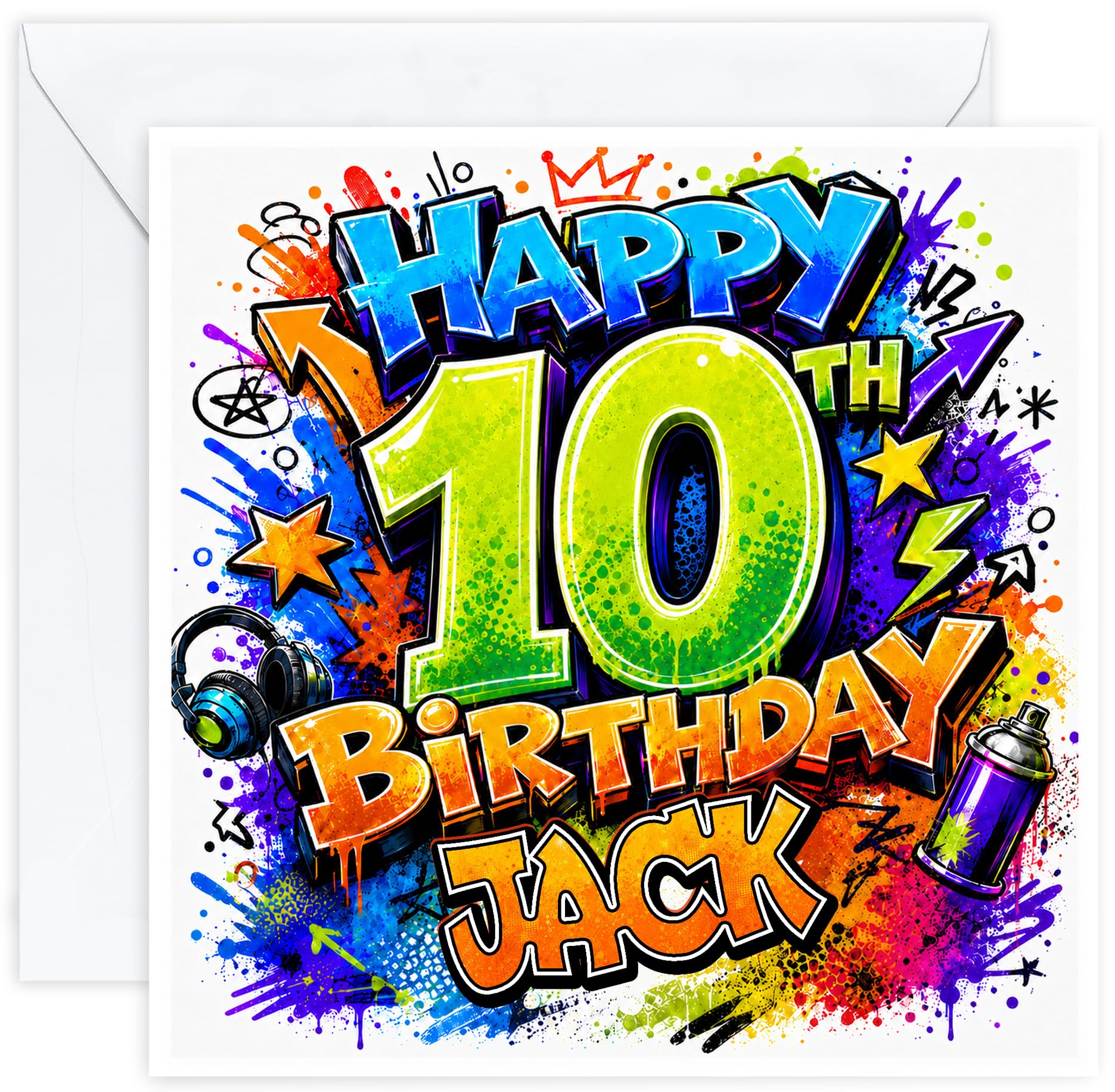 Personalised 10th Birthday Card for Boy | Graffiti Birthday Card for 10 Year Old Boys | Add His Name | Son Grandson Nephew Brother | Optional Printed Inside Message