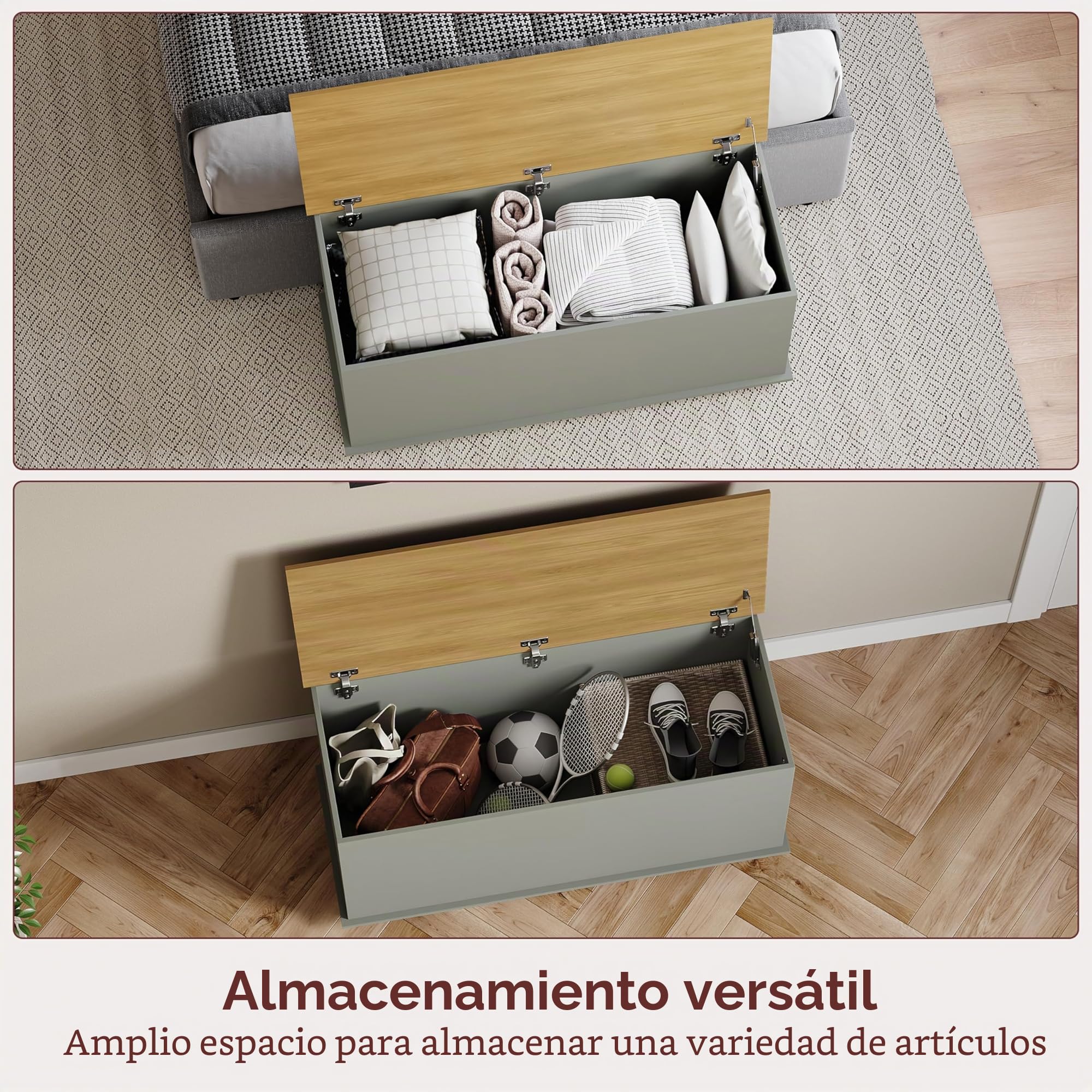 Vida Designs Otomana Arlington Storage, cómoda de madera con tapa, asiento, taburete, banco con ventana, mantas, ropa de cama, caja de juguetes, reposapiés, gris