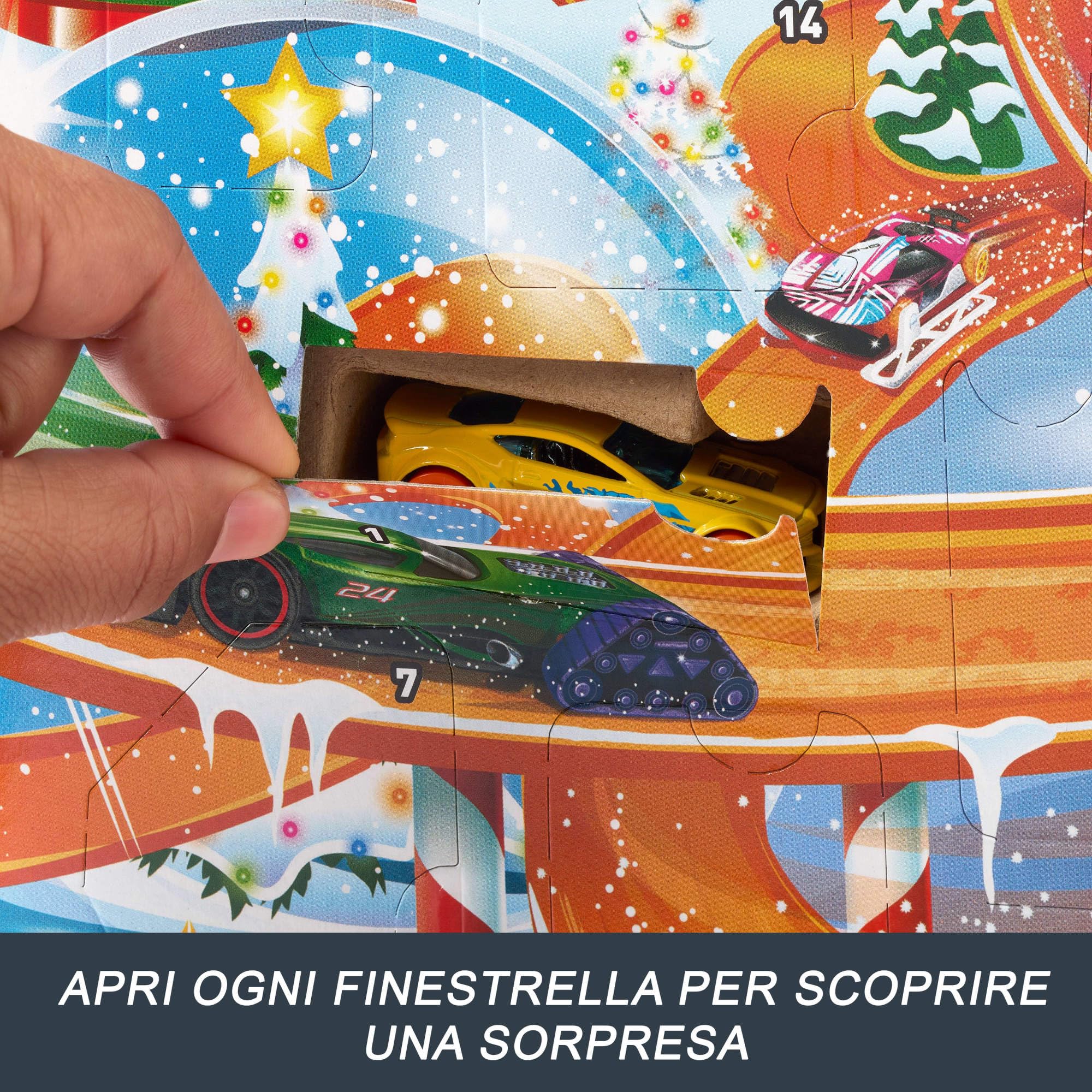 Hot Wheels - Calendario dell'Avvento 2024, 24 finestrelle numerate con sorprese e tappetino di gioco, 8 macchinine e 16 accessori a tema invernale, giocattolo per bambini, 3+ anni, HTG00