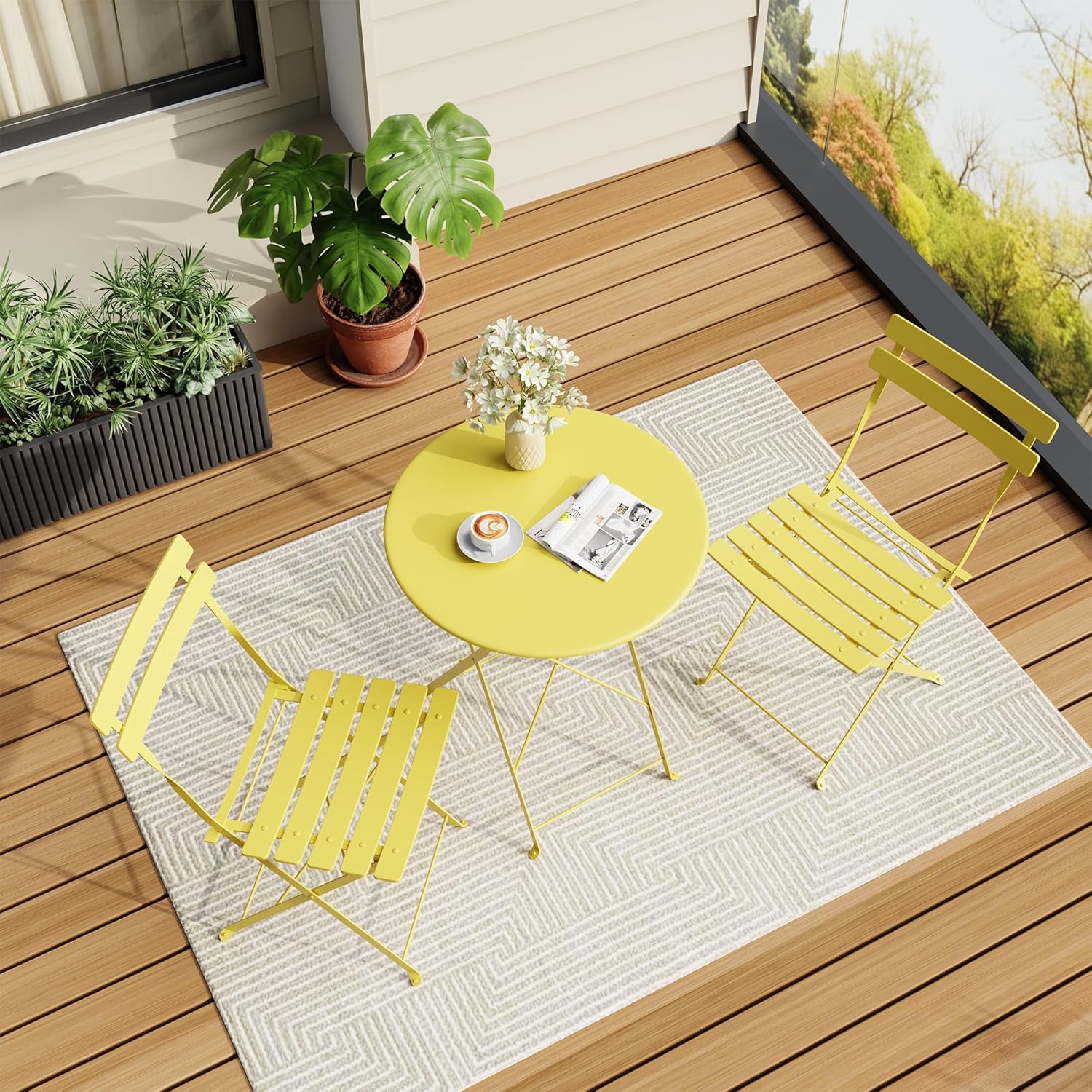 Bistro Table and Chairs Set of 2, 3 Piece Outdoor/Indoor Folding Patio Bistro Sets, 2 Chair Patio Furniture Set with Table, Premium Frame Foldable Coffee Tables for Balcony, Yard, Garden, Yellow
