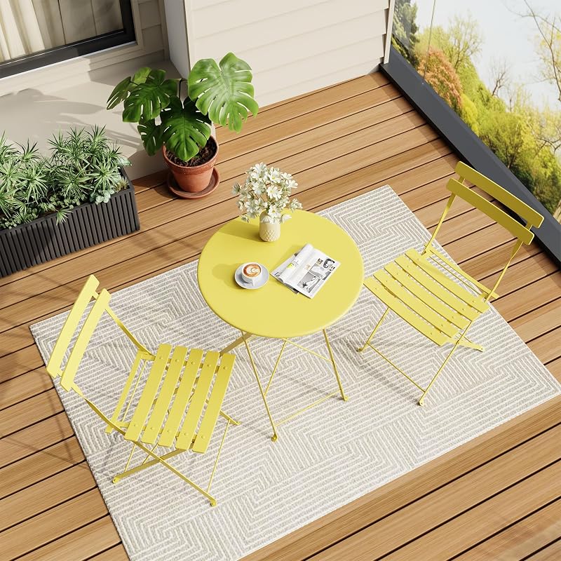 Bistro Table and Chairs Set of 2, 3 Piece Folding Patio Bistro Set, Yellow | Outdoor/Indoor 2 Chair Patio Furniture Set with Table, Premium Frame Foldable Coffee Tables for Balcony, Yard, Garden