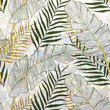 Rainbow Window Privacy Film Tropical Static Cling for Camper Window, Golden Palm Leaves 16.92"X39.37"