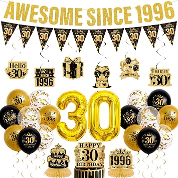30th Birthday Decorations for Men Women - Black Gold Awesome Since 1996 Banner and Triangle Flags Garland, Foil 30 Number Balloons, Hanging Swirls Honeycomb Centerpieces Cake Topper