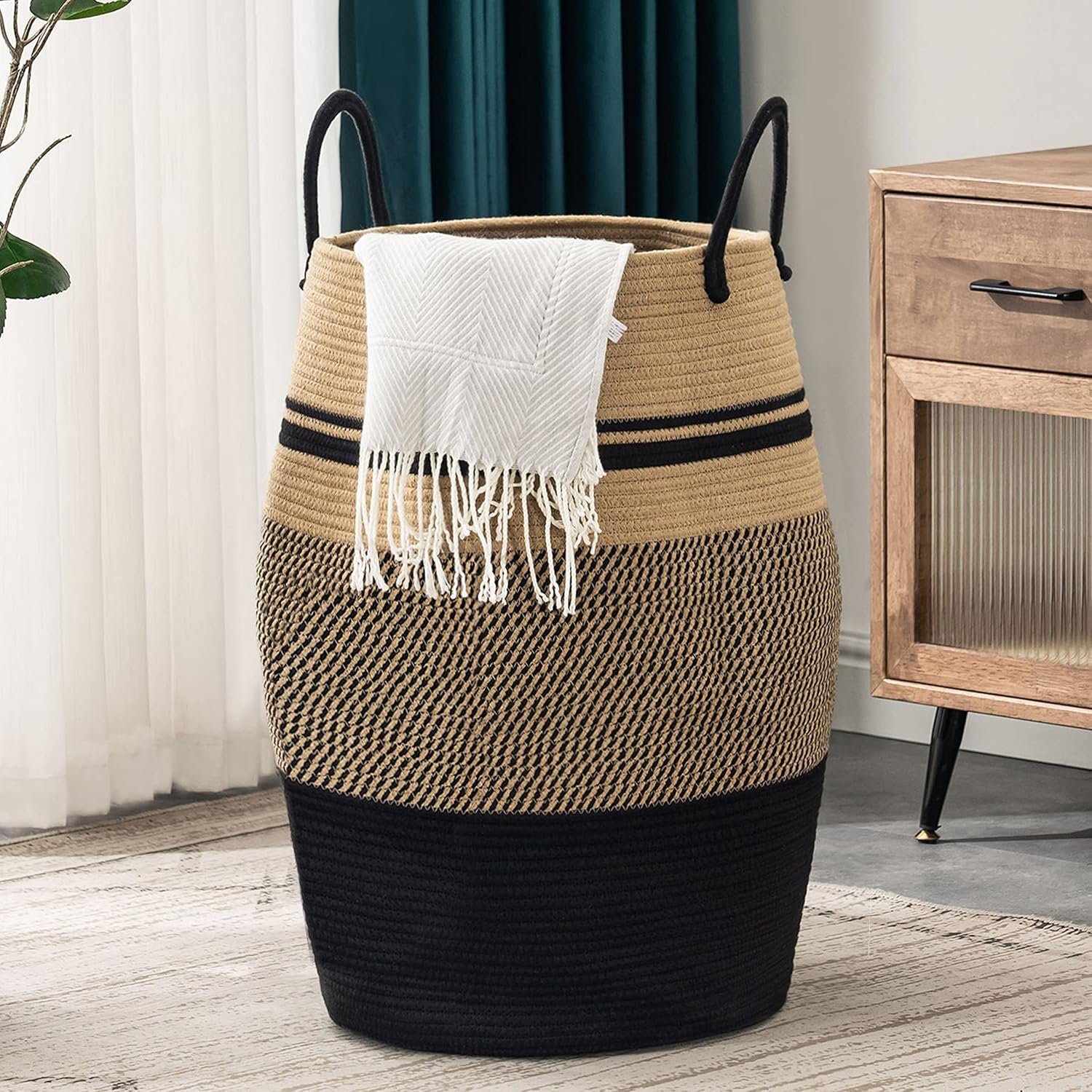 Jute Rope Laundry Hamper by YOUDENOVA, 105L - Woven Collapsible Laundry Basket - Clothes Storage Basket for Blankets organizing, Bedroom Storage, Clothes Hamper – Brown & Black