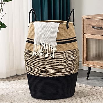 Jute Rope Laundry Hamper by YOUDENOVA, 105L - Woven Collapsible Laundry Basket - Clothes Storage Basket for Blankets organizing, Bedroom Storage, Clothes Hamper Brown & Black