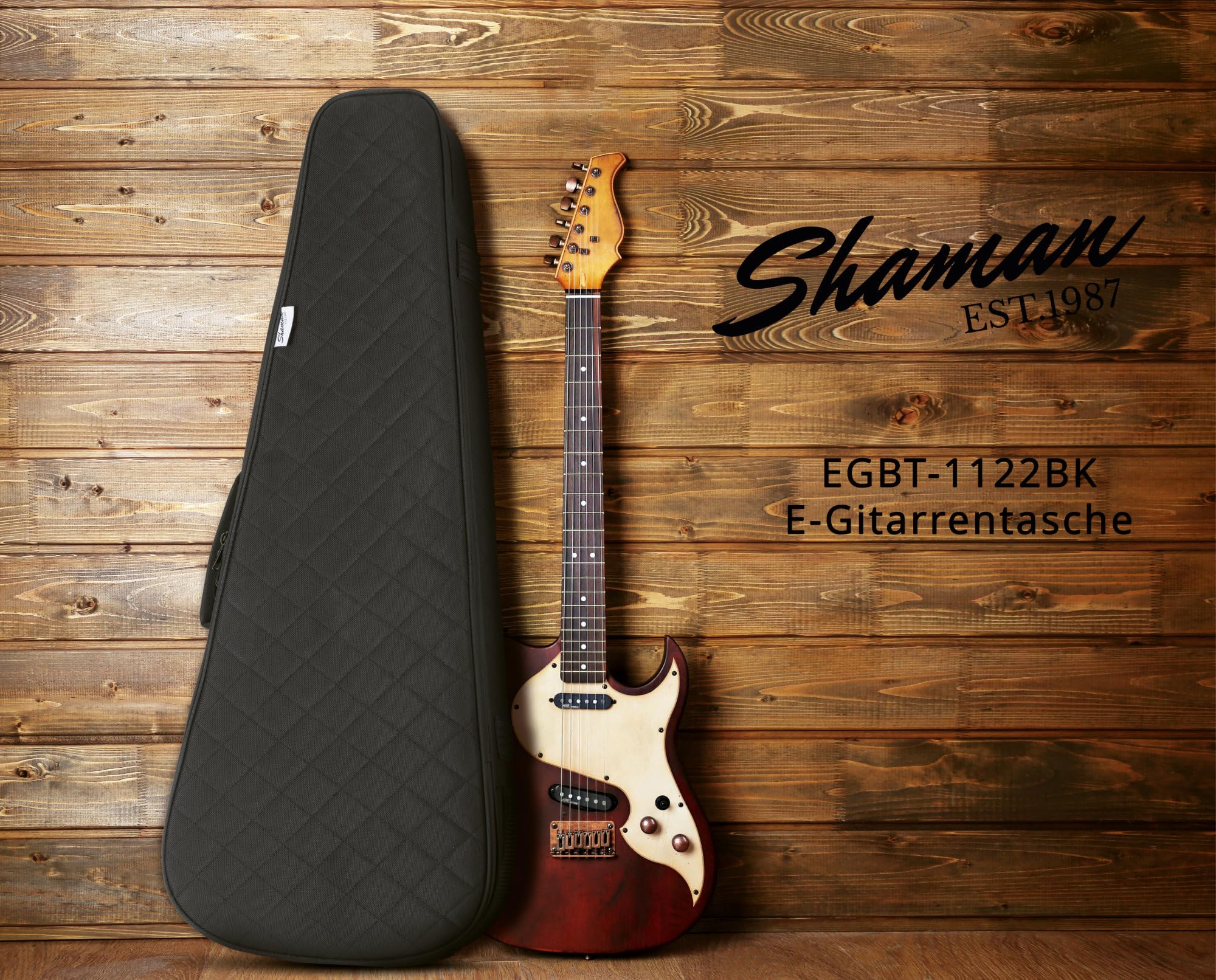 Shaman EGBT-1122BK E-Gitarre Tasche - Dick gepolsterter Gigbag für E-Gitarren - Verstellbare Halsstütze mit Klettsicherung - Gepolsterte Außentasche - Extra Tablet-Fach - Versenkbare Rucksackgarnitur