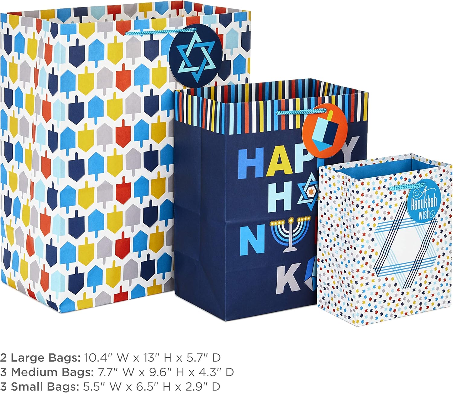 Hallmark Hanukkah Gift Bag Assortment (8 Gift Bags: 3 Small 6", 3 Medium 9", 2 Large 13") Star of David, Dreidels, Happy Hanukkah in Navy Blue, Orange, Yellow - Image 3