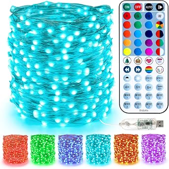 BrizLabs USB RGB Fairy Lights with Remote, 33ft 100 LED for Xmas Halloween | Silver wire color changing LED w/ rainbow mode; 540+ modes; Brightness & speed adjust; Music sync for wedding indoor holiday
