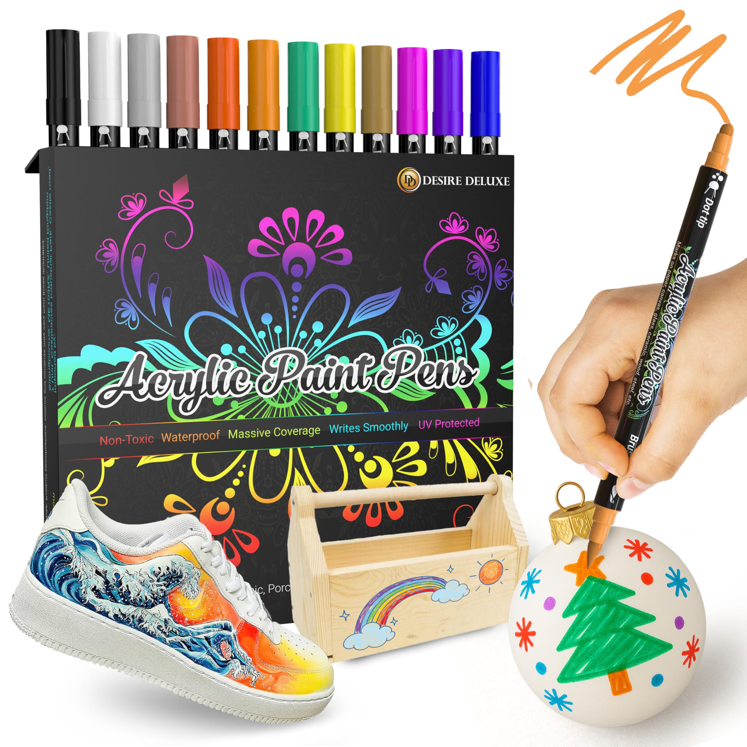 Desire Deluxe Rotuladores de Pintura Acrílica para Piedras, Cerámica, Vidrio, Madera - Marcadores a Base de Agua No Tóxicos - Excelente Material de Arte para Artistas (Doble Punta Multicolor, 12)