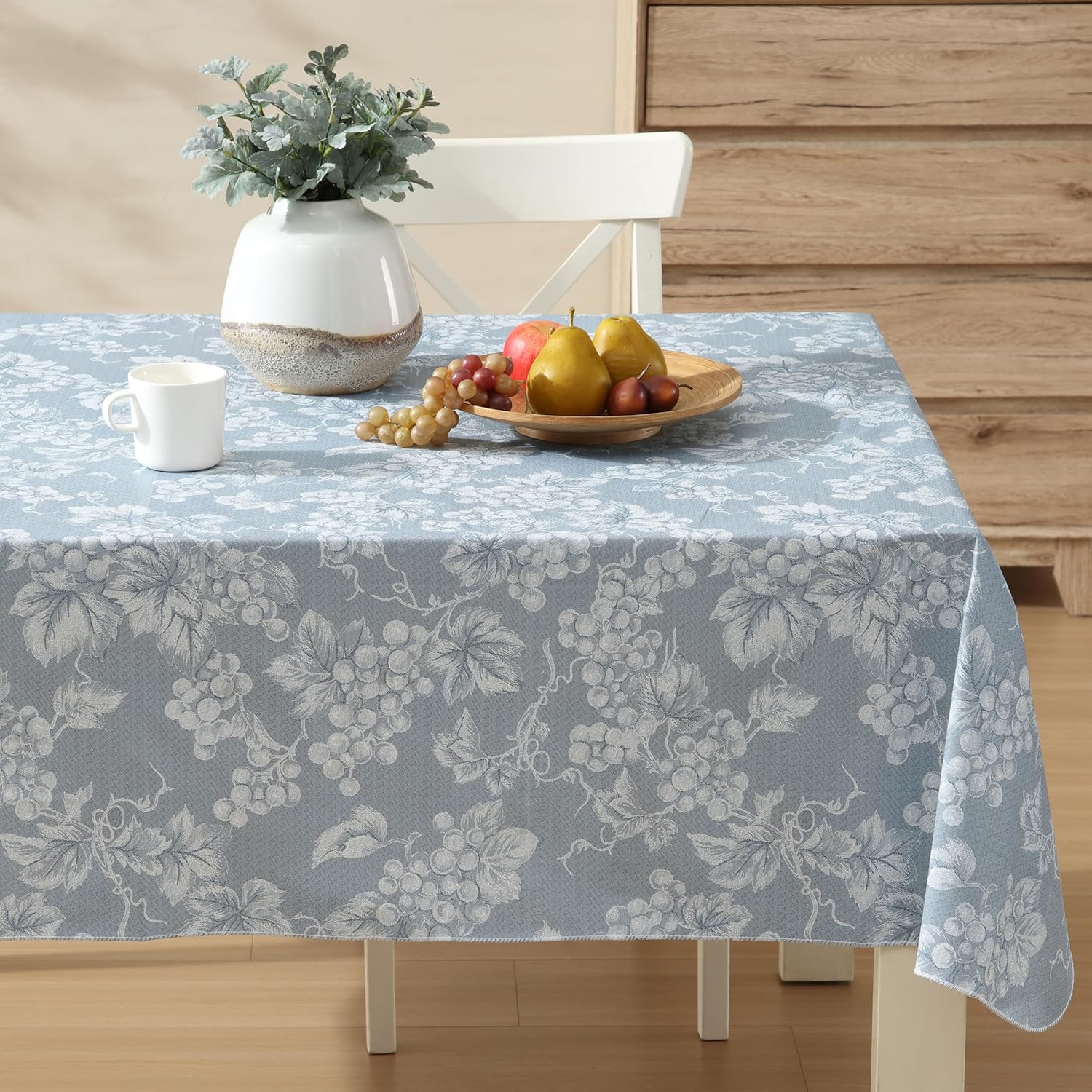 Lintex Home Bargains Plus 60 x 84 Inch Rectangle Vinyl Tablecloth with Flannel Backing, Traditional Grapevine Print, Waterproof Indoor Outdoor Dining Room, Party and Banquet Table Cover, Blue