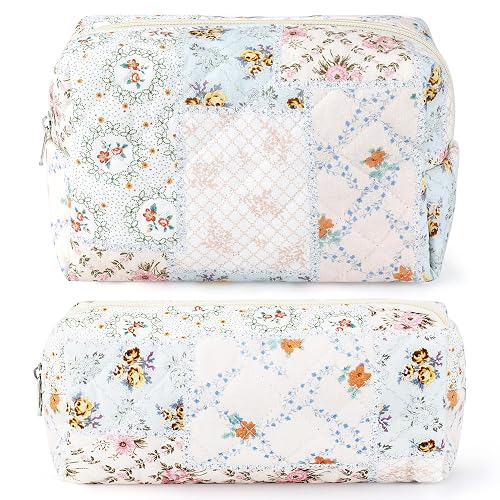 URSKYTOUS 2Pcs Cotton Quilted Makeup Bag for Women Girls Coquette Small Floral Cosmetic Bags Cute Zipper Pencil Pouch Aesthetic Makeup Pouch Trendy Cloth Bee&Flower Travel Toiletry Skincare Bag