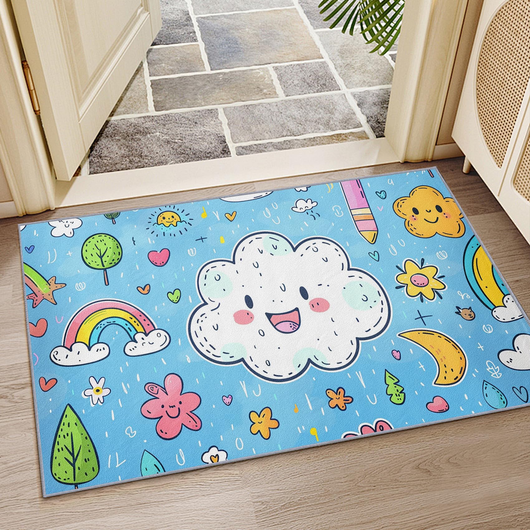 Wolke Teppich Waschbar, Süß Cartoon Regenbogen Teppich 80x150 cm, Kinderzimmer Kinder rutschfest Waschbar Pflegeleicht Teppiche Für Schlafzimmer Küche, Blau Weiß Rosa