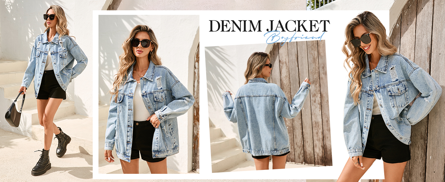 CYLADY Women's Casual Oversized Denim Jacket Long Sleeved Button