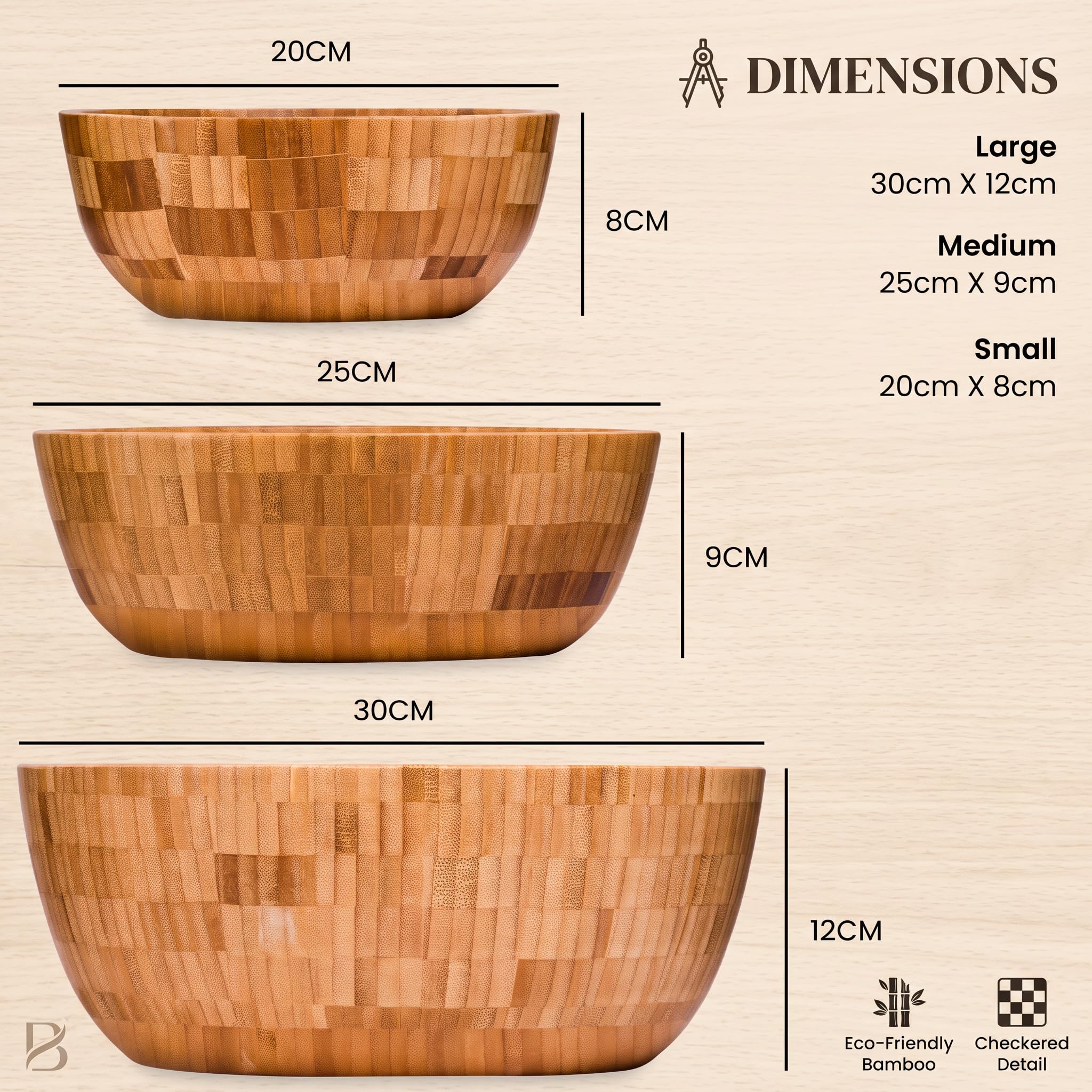 Dan&Co Ensemble Saladier Bois avec Grand Bols Bambou & Couverts à Salade | 3 bol en bois premium et 2 couverts à salade | Grands, moyens et petits bols pour servir des pâtes, des fruits et des snacks