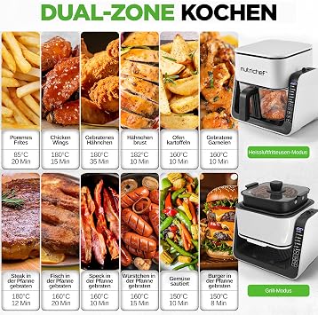 NutriChef Hot Air Fryer 4L with Grill Function 1500W White - Airfryer without Oil with Viewing Window 7 Programmes Glass Container for Families