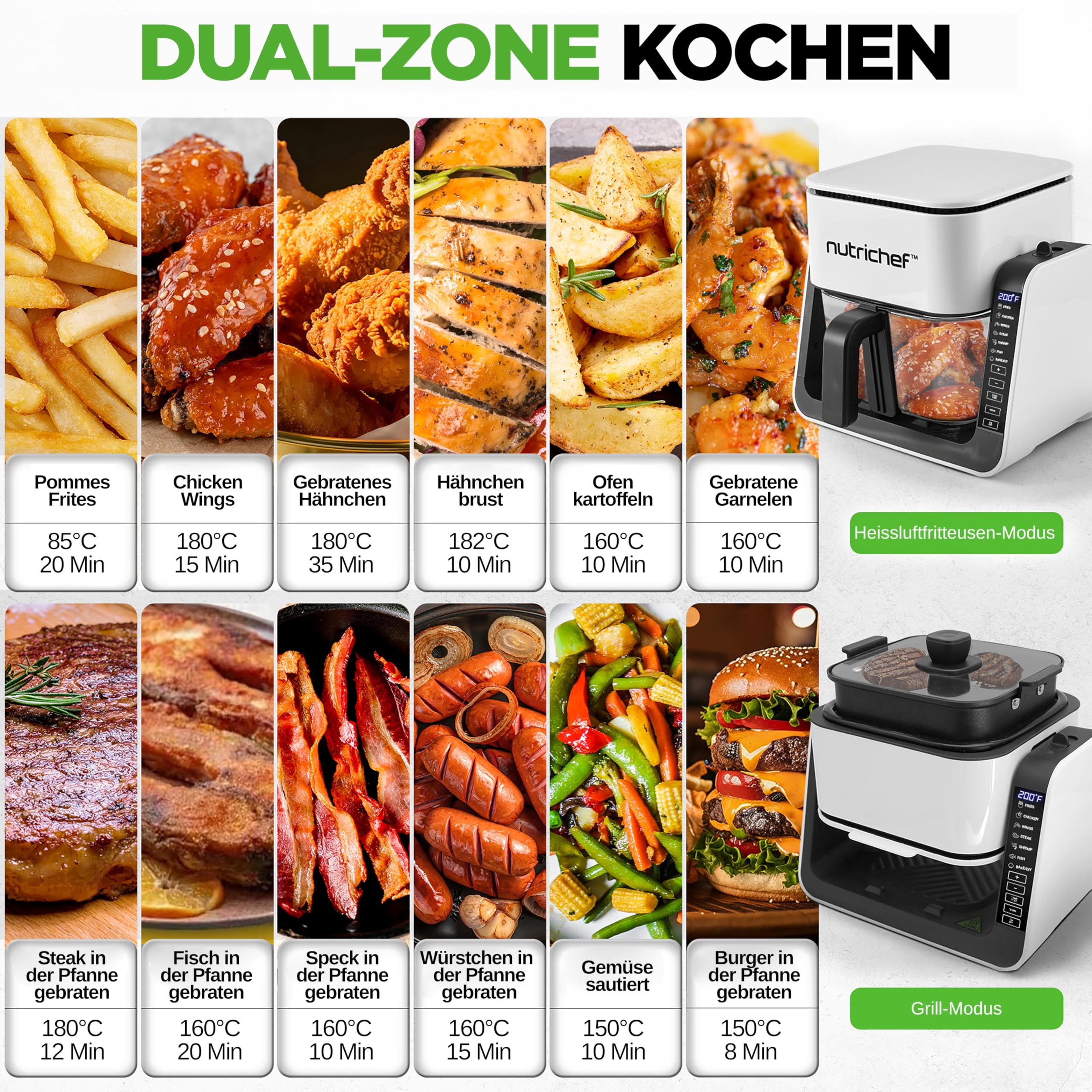 NutriChef Heißluftfritteuse 4L mit Grillfunktion 1500W Weiß – Airfryer ohne Öl mit Sichtfenster, 7 Programme, Glasbehälter für Familien