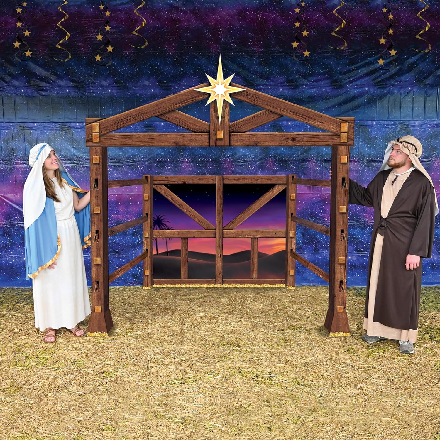 Beistle Nativity Scene Photo Prop Stand-Up, Large Corrugated Cardboard Manger Scene Backdrop with Star, Indoor Biblical Christmas Decoration, 8' 3.5" x 8' 3.25"