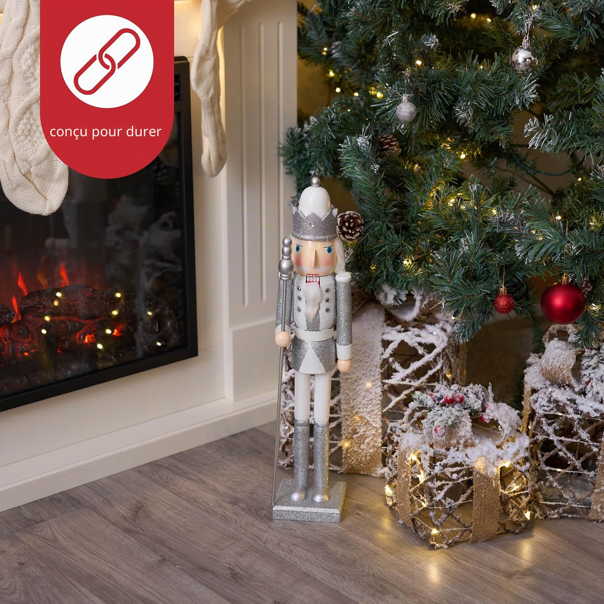 THE TWIDDLERS Grand Soldat Casse-Noisette de Noël avec Support, XL 50cm - Matériau de Pin & de Bois Fait à la Main de Qualité Supérieure - Déco de Noël Traditionnelle - Blanc & Argent
