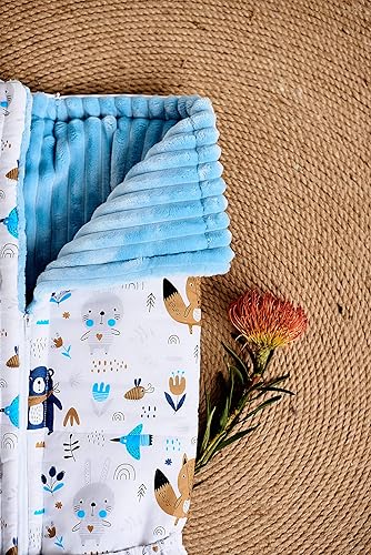 Baby Sleep Sack Newborn Envelope Minky plush Sleeping Bag Baby Shower Gift Cotton Blue Blanket Stroller Footmuff with Forest Animals